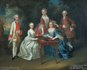 Skupinový portrét rodiny Harrachů hrajících vrhcáby včetně generála hraběte Ferdinanda Harracha, hraběte Ferdinanda Bonaventury Harracha s Rosou, Annou a Josephine